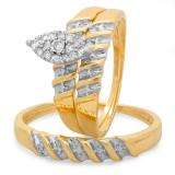 0.14 Carat (ctw) 10K Yellow Gold Round White Diamond Men's & Women's Marquise Shape Engagement Ring Trio Bridal Set