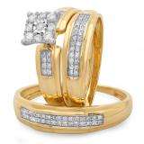 0.34 Carat (ctw) 10K Yellow Gold Round White Diamond Men's & Women's Engagement Ring Trio Bridal Set 1/3 CT