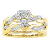 0.33 Carat (ctw) 10K Yellow Gold Princess & Round Diamond Bridal Swirl Style Halo Engagement Ring Matching Wedding Set 1/3 CT