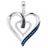 0.16 Carat (ctw) 10K White Gold Round Black Blue & White Diamond Ladies Fashion Double Heart Pendant
