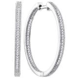 0.50 Carat (ctw) 10K White Gold Round White Diamond Ladies Milgrain In and Out Fashion Hoop Earrings 1/2 CT