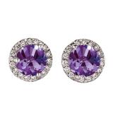 4.00 Carat (ctw) 14K White Gold Round Purple Amethyst & White Diamond Ladies Halo Style Stud Earrings 4 CT