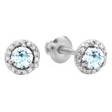 0.50 Carat (ctw) 10K White Gold Round Aquamarine & White Diamond Ladies Halo Style Stud Earrings 1/2 CT