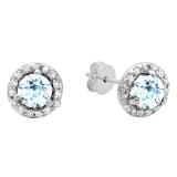 0.50 Carat (ctw) 14K White Gold Round Aquamarine & White Diamond Ladies Halo Style Stud Earrings 1/2 CT