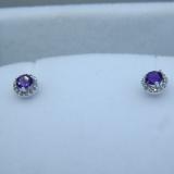 0.50 Carat (ctw) 18K White Gold Round Purple Amethyst & White Diamond Ladies Halo Style Stud Earrings 1/2 CT