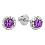 0.50 Carat (ctw) 14K White Gold Round Purple Amethyst & White Diamond Ladies Halo Style Stud Earrings 1/2 CT