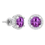 1.65 Carat (ctw) 14K White Gold Round Amethyst & White Diamond Ladies Halo Style Stud Earrings