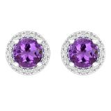 1.65 Carat (ctw) 14K White Gold Round Amethyst & White Diamond Ladies Halo Style Stud Earrings