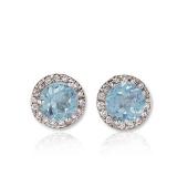 1.00 Carat (ctw) 10K White Gold Round Aquamarine & White Diamond Ladies Halo Style Stud Earrings 1 CT