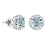 2.00 Carat (ctw) 10K White Gold Round Aquamarine & White Diamond Ladies Halo Style Stud Earrings 2 CT