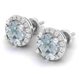 2.00 Carat (ctw) 14K White Gold Round Aquamarine & White Diamond Ladies Halo Style Stud Earrings 2 CT