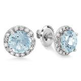 3.00 Carat (ctw) 18K White Gold Round Aquamarine & White Diamond Ladies Halo Style Stud Earrings 3 CT
