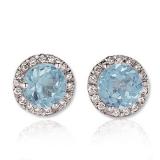 4.00 Carat (ctw) 14K White Gold Round Aquamarine & White Diamond Ladies Halo Style Stud Earrings 4 CT