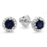 0.50 Carat (ctw) 10K White Gold Round Blue Sapphire & White Diamond Ladies Halo Style Stud Earrings 1/2 CT