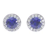 0.50 Carat (ctw) 10K White Gold Round Blue Sapphire & White Diamond Ladies Halo Style Stud Earrings 1/2 CT