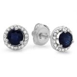 1.00 Carat (ctw) 10K White Gold Round Blue Sapphire & White Diamond Ladies Halo Style Stud Earrings 1 CT