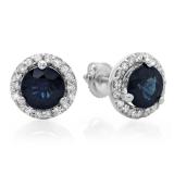 4.00 Carat (ctw) 14K White Gold Round Blue Sapphire & White Diamond Ladies Halo Style Stud Earrings 4 CT
