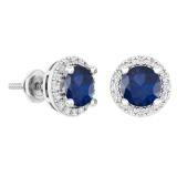 2.00 Carat (ctw) 10K White Gold Round Blue Sapphire & White Diamond Ladies Halo Style Stud Earrings 2 CT