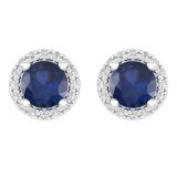 2.00 Carat (ctw) 14K White Gold Round Blue Sapphire & White Diamond Ladies Halo Style Stud Earrings 2 CT