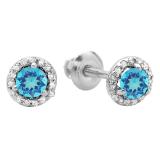 0.50 Carat (ctw) 14K White Gold Round Blue Topaz & White Diamond Ladies Halo Style Stud Earrings 1/2 CT