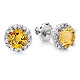 2.00 Carat (ctw) 10k White Gold Round Yellow Citrine & White Diamond Ladies Halo Style Stud Earrings 2 CT