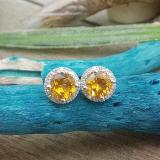 2.00 Carat (ctw) 10k White Gold Round Yellow Citrine & White Diamond Ladies Halo Style Stud Earrings 2 CT