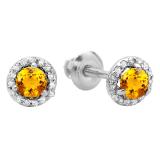 0.50 Carat (ctw) 14K White Gold Round Yellow Citrine & White Diamond Ladies Halo Style Stud Earrings 1/2 CT