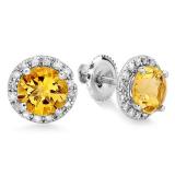 3.00 Carat (ctw) 14K White Gold Round Yellow Citrine & White Diamond Ladies Halo Style Stud Earrings 3 CT