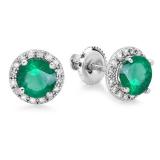 2.00 Carat (ctw) 14k White Gold Round Green Emerald & White Diamond Ladies Halo Style Stud Earrings 2 CT