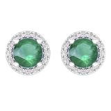 2.00 Carat (ctw) 14k White Gold Round Green Emerald & White Diamond Ladies Halo Style Stud Earrings 2 CT