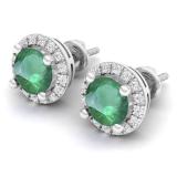 2.00 Carat (ctw) 14k White Gold Round Green Emerald & White Diamond Ladies Halo Style Stud Earrings 2 CT