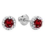 0.50 Carat (ctw) 14K White Gold Round Red Garnet & White Diamond Ladies Halo Style Stud Earrings 1/2 CT