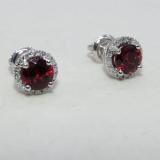 1.00 Carat (ctw) 18K White Gold Round Red Garnet & White Diamond Ladies Halo Style Stud Earrings 1 CT