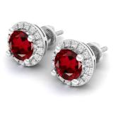 2.00 Carat (ctw) 14k White Gold Round Garnet & White Diamond Ladies Halo Style Stud Earrings 2 CT