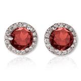 3.00 Carat (ctw) 10K White Gold Round Red Garnet & White Diamond Ladies Halo Style Stud Earrings 3 CT