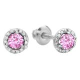 0.50 Carat (ctw) 14K White Gold Round Pink Sapphire & White Diamond Ladies Halo Style Stud Earrings 1/2 CT