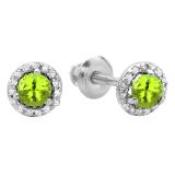 0.50 Carat (ctw) 14K White Gold Round Green Peridot & White Diamond Ladies Halo Style Stud Earrings 1/2 CT