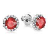2.00 Carat (ctw) 10k White Gold Round Ruby & White Diamond Ladies Halo Style Stud Earrings 2 CT