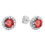 0.50 Carat (ctw) 14K White Gold Round Ruby & White Diamond Ladies Halo Style Stud Earrings 1/2 CT