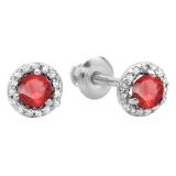 0.50 Carat (ctw) 14K White Gold Round Ruby & White Diamond Ladies Halo Style Stud Earrings 1/2 CT