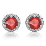 4.00 Carat (ctw) 18K White Gold Round Ruby & White Diamond Ladies Halo Style Stud Earrings 4 CT