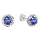 0.50 Carat (ctw) 14K White Gold Round Tanzanite & White Diamond Ladies Halo Style Stud Earrings 1/2 CT