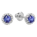 0.50 Carat (ctw) 14K White Gold Round Tanzanite & White Diamond Ladies Halo Style Stud Earrings 1/2 CT