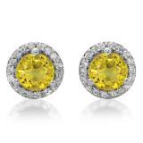 4.00 Carat (ctw) 18K White Gold Round Yellow Sapphire & White Diamond Ladies Halo Style Stud Earrings 4 CT