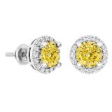 2.00 Carat (ctw) 14k White Gold Round Yellow Sapphire & White Diamond Ladies Halo Style Stud Earrings 2 CT