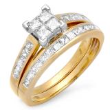 1.00 Carat (ctw) 10k Yellow Gold ALL Princess Cut White Diamond Diamond Ladies Bridal Engagement Ring Matching Band Set