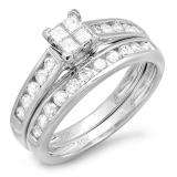 1.00 Carat (ctw) 10k White Gold Princess and Round Diamond Ladies Bridal Engagement Ring Matching Band Set