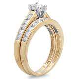 1.00 Carat (ctw) 10k Yellow Gold Princess and Round Diamond Ladies Bridal Engagement Ring Matching Band Set