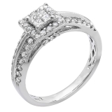 0.85 Carat (ctw) 14K White Gold Quad Set Halo Style Princess & Round Diamond Ladies Bridal Engagement Ring