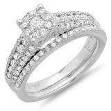 1.00 Carat (ctw) 14k White Gold Round Diamond Ladies Bridal Ring Cluster Engagement Set Matching Wedding Band